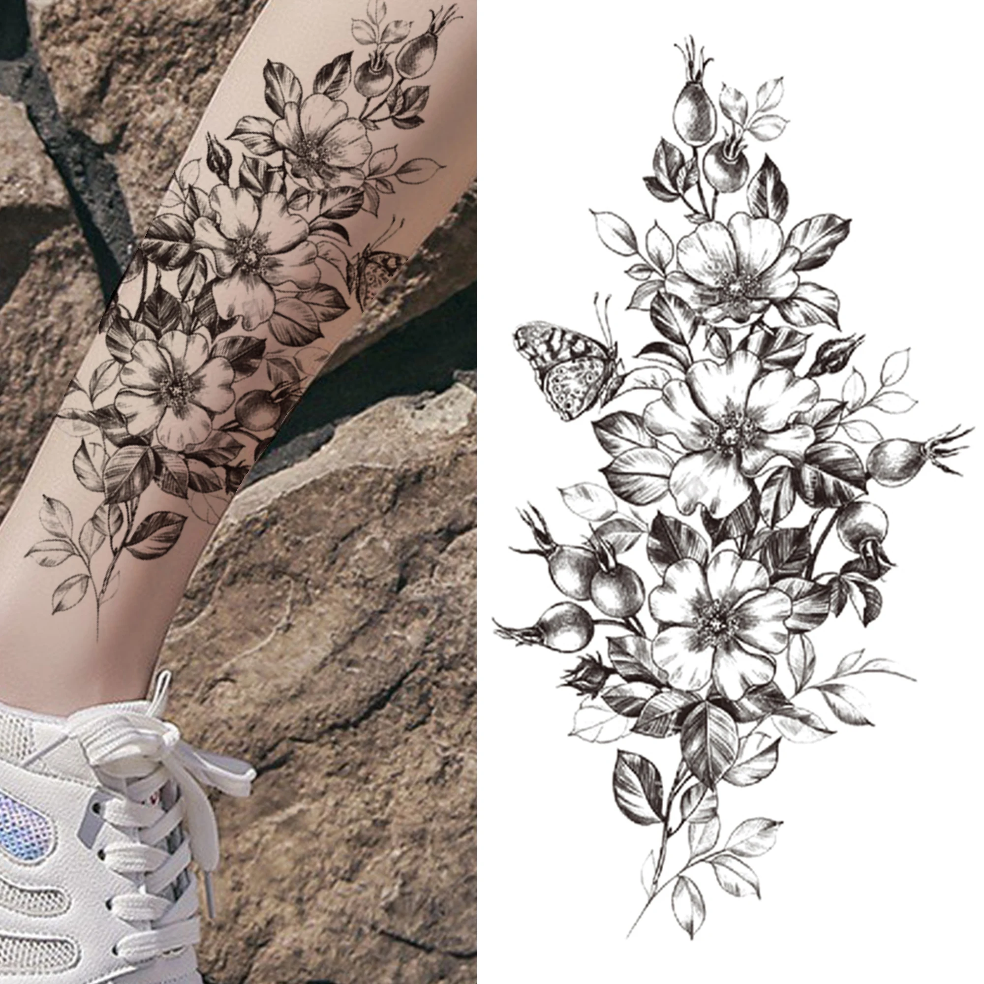 Tatouage temporaire fleur 3D pour femmes et filles, faux autocollant, fleur de tigre, fleur, orchidée, pivoine, noir, lys, rose, beauté