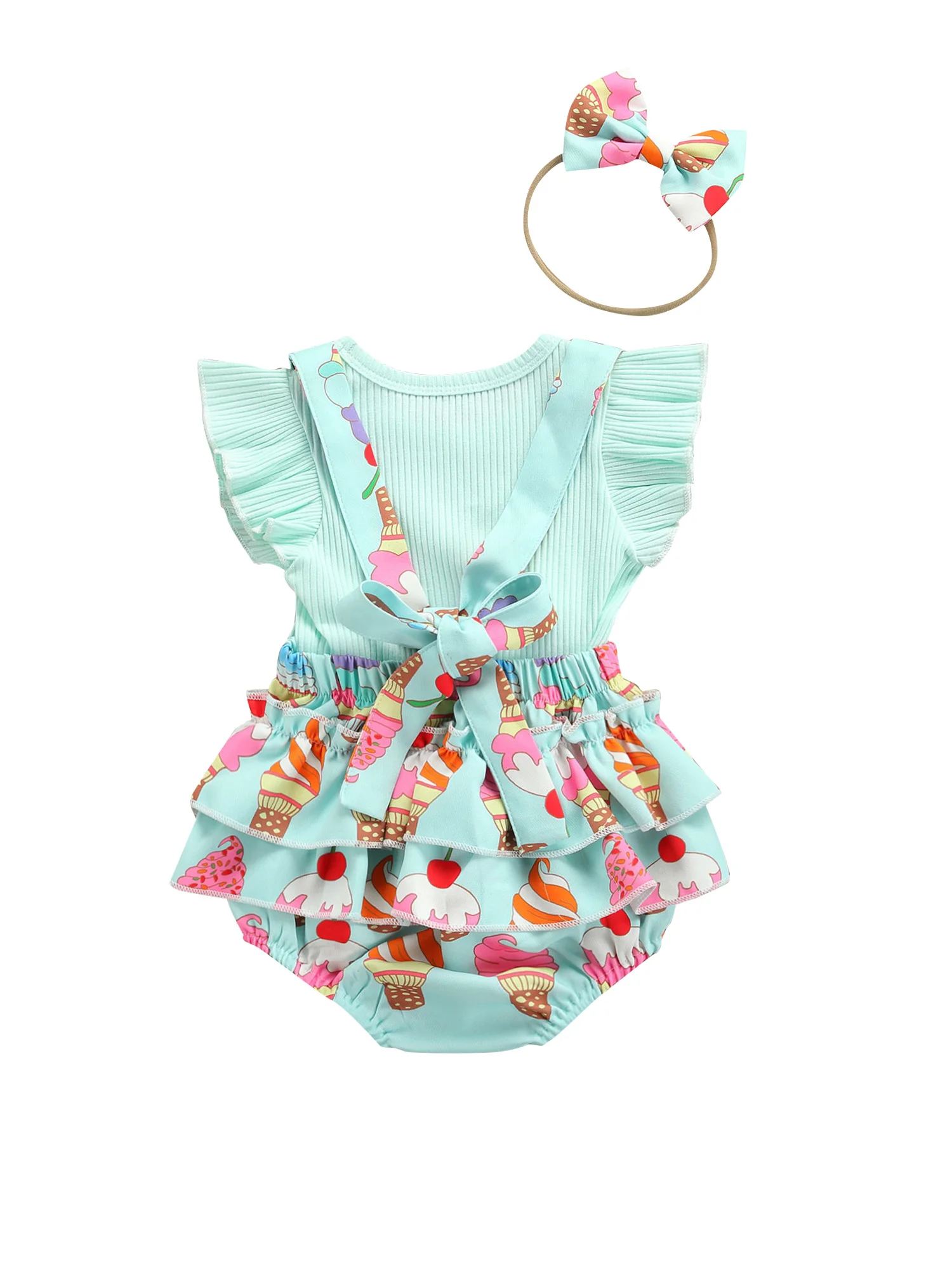 

0-18M Baby Girls Clothes Sets 3pcs Ruffles Short Sleeve T Shirts Tops Rainbow/Ice Cream Printed Bib Pants Headband