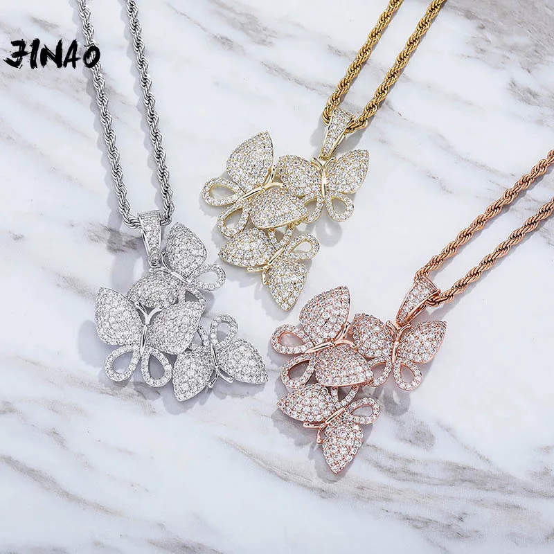 JINAO 2020 NOW HIP HOP High Quality  Personality Iced Out AAA+CZ Three Butterflies Pendant  Women Jewelry For Gift