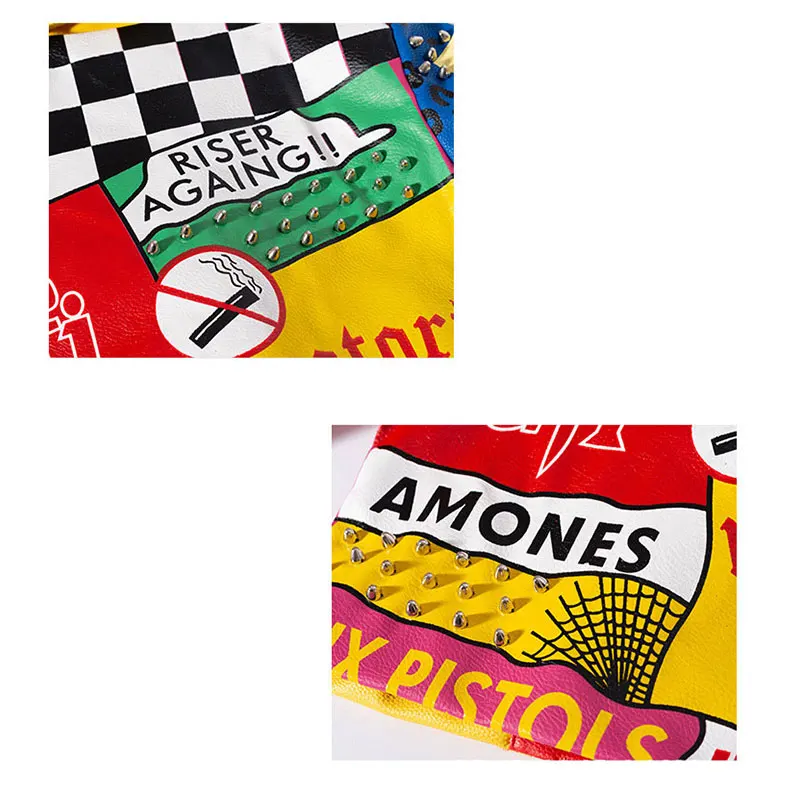Women Colorful Graffiti Leather Jacket,Punk Rock Rivet Unique Motorcycle Coats and Jackets Letters Printing
