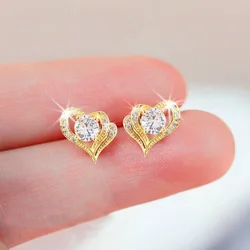 Huitan Creative Double Heart Shaped Stud Earrings with AAA White Cz Stone Romantic Women's Love Earrings Elegant Female Jewelry