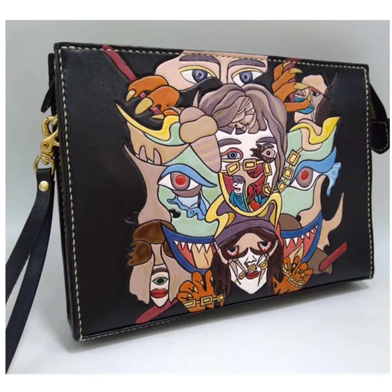 Handmade Men Vegetable Tanned Leather Cartoon Comic Bag Money Holder Clutch Purse Cigarette Pocket Man Clutches Envelope