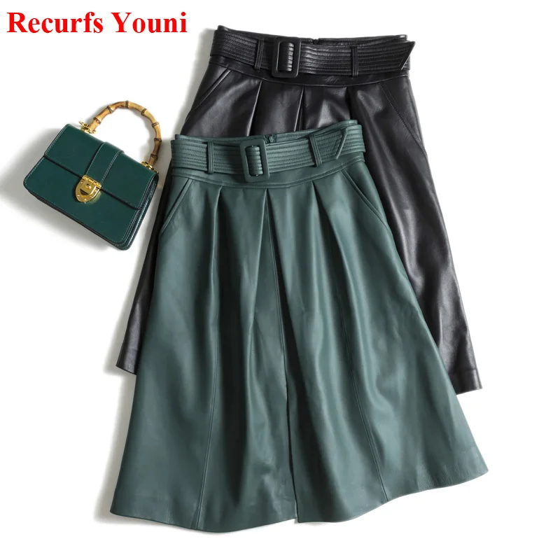 Harajuku Genuine Leather Skirt For Women Female Folded Over Knee A-line Midi Jupe With Belt Mujer Front Slit Umbrella Faldas