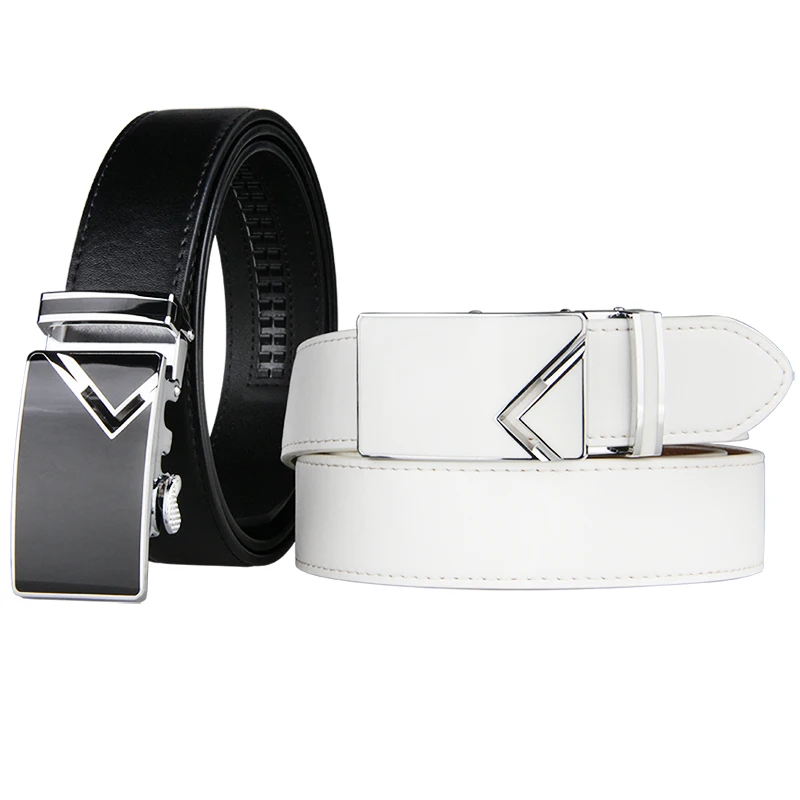 New Arrival White & Black Men Belts Automatic Alloy Buckle  Genuine Cowskin Leather Golf Belt Plus Size 130cm