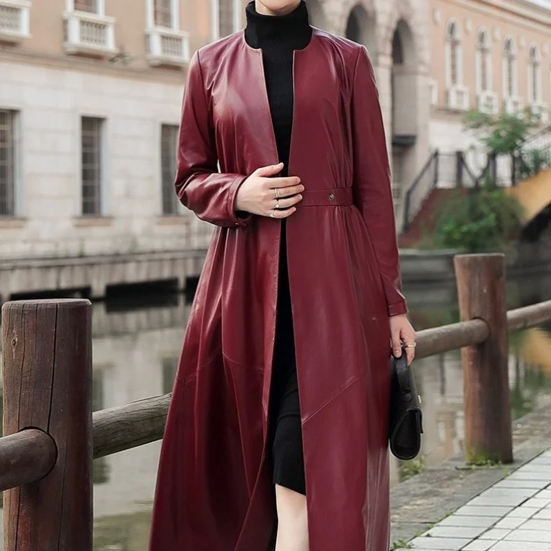 Slim Designer Long Trench Coat Female Streetwear V-Neck Genuine Leather Sheepskin Overcoat Office Lady Windbreaker Outwear