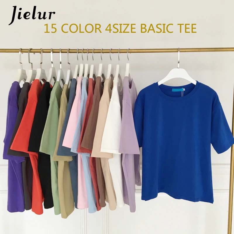 Jielur Tee Shirt Solid Color Basic T Shirt Women Casual O-neck Harajuku Summer Top Korean Hipster White Tshirt S-XL