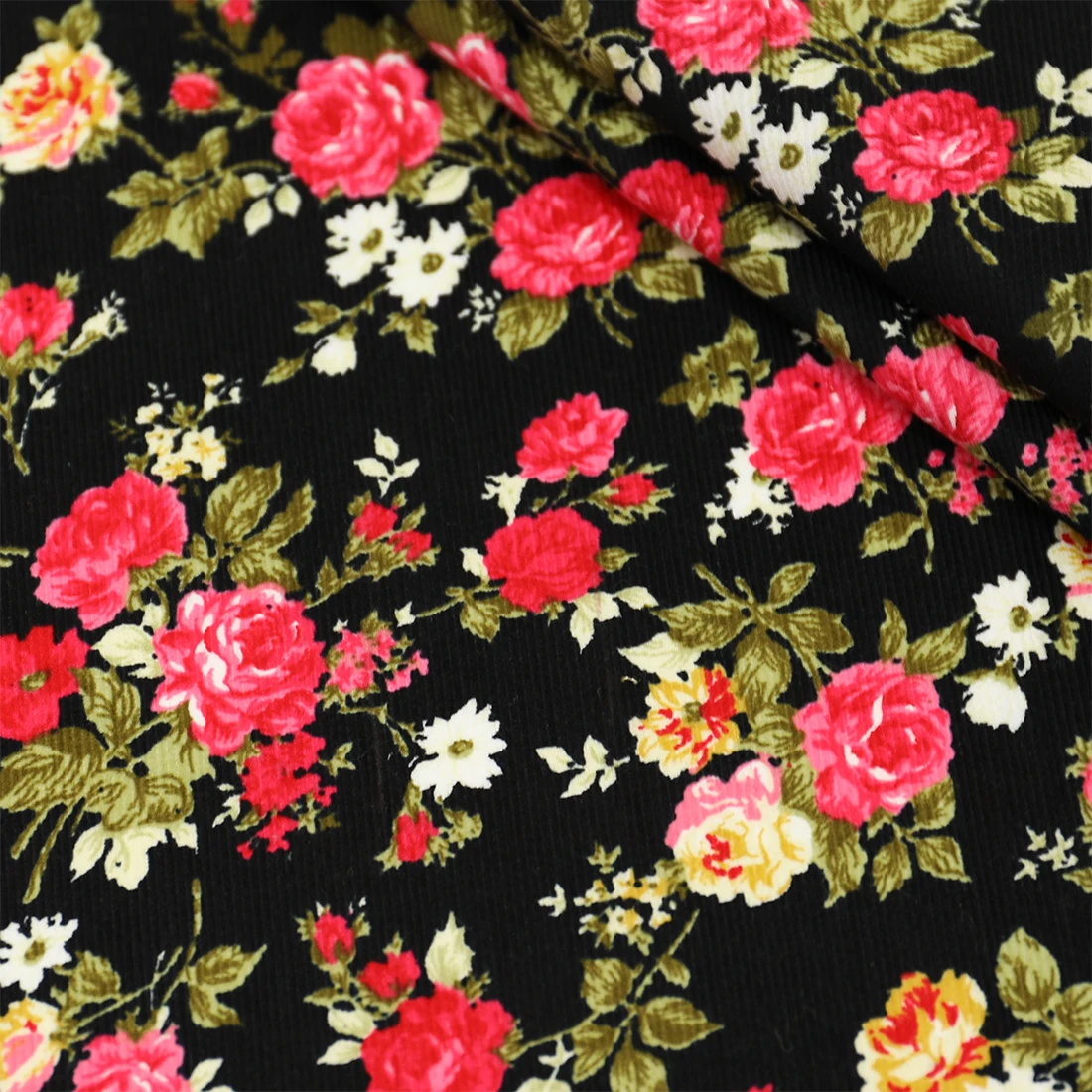 100% Cotton Stripe Rose Print Corduroy Fabric For Making Sewing Dress Coat Clothes Floral Cloth By The Half Meter