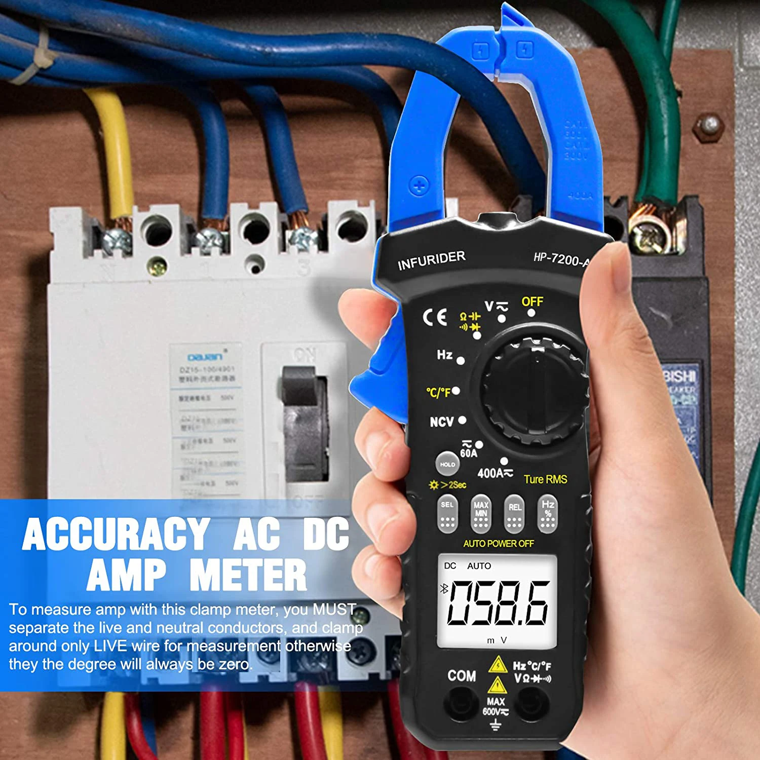 Wireless Bluetooth Clamp Meter HP-7200APP 6000 Count Auto Range Bluetooth Clamp MultimeterDC/AC True RMS Continuity Buzzer Meter