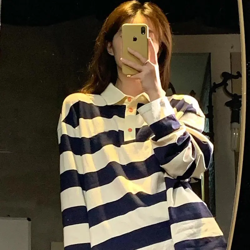 T-shirts Women Autumn Panelled Design Korean Style Preppy Look Simple Striped Leisure Long Sleeve Baggy All-match Prevalent Teen