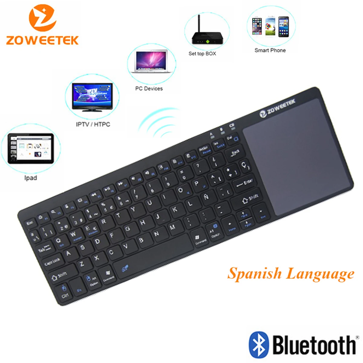 Zoweetek-mini Teclado sem Fio com Touchpad K12bt1 Idioma Espanhol Bluetooth Controle Remoto para pc Android tv Box
