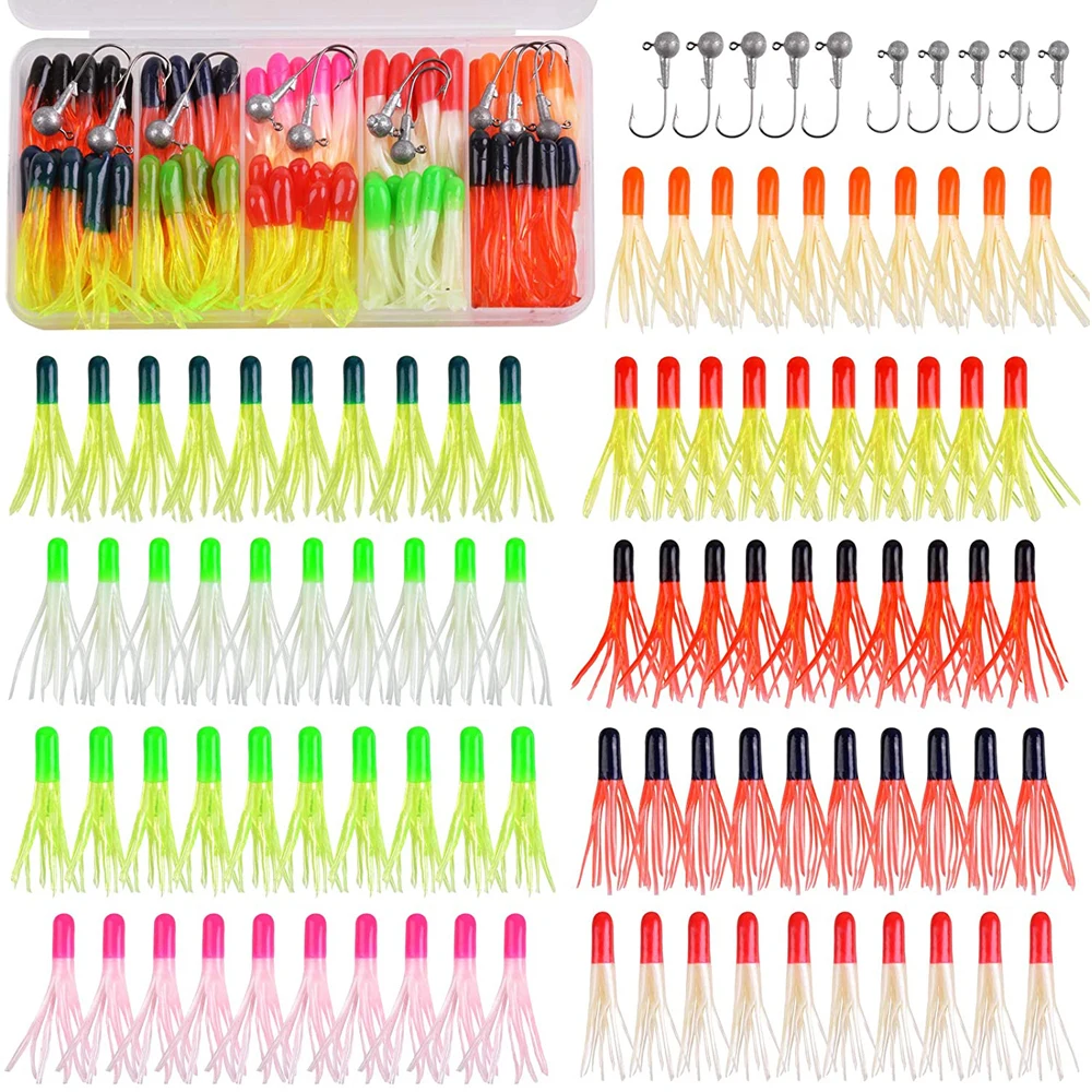 110Pcs/Box Fishing Lures Jig Head Hook Kit Long Tail  Worms Artificial Bait Lures Jig Hook Tackle For Bass Trout Fishing