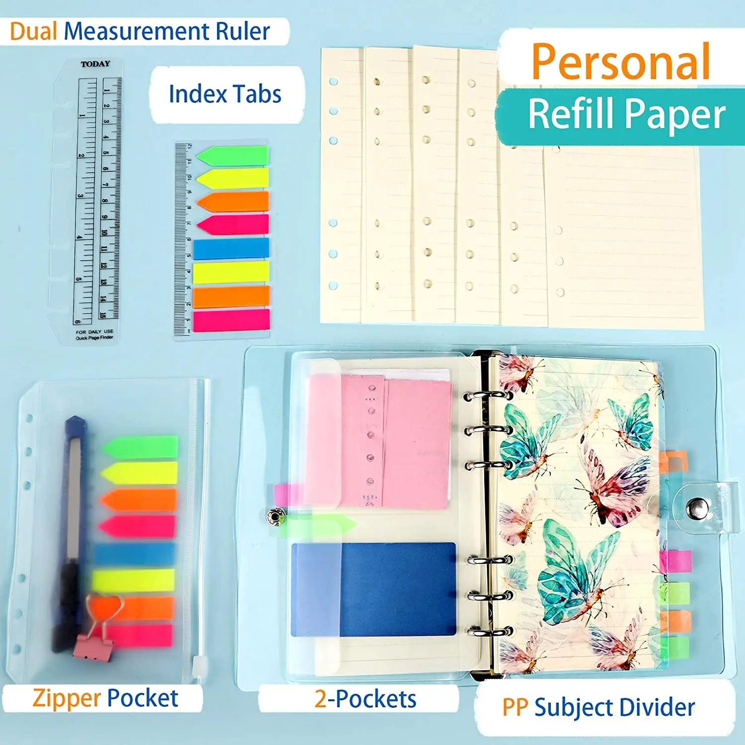 A6 Personal Binder Notebook Refills with Page Dividers,A6 Lined Paper Refills, A6 Zipper Binder Pockets,Index Note Tabs & Ruler