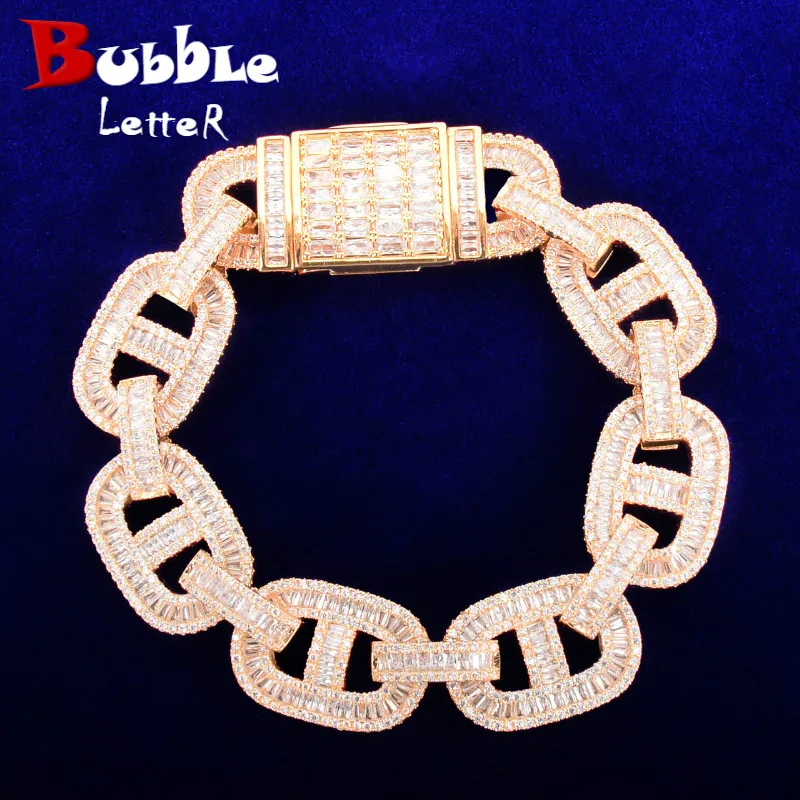 Baguette Zirconia Cuban Bracelet Chain Men's Trendy Cool Hip Hop Link Copper Bling Rock Jewelry 18mm