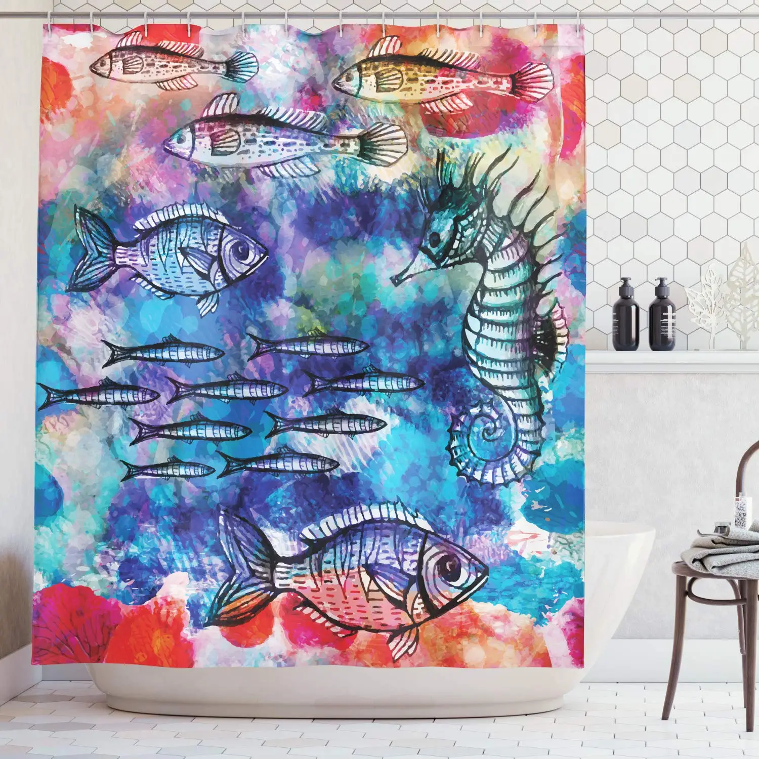 Fish Seahorse Coastal Decor Collection, Sea Watercolor Bathroom Shower Curtain Navy Magenta Pink