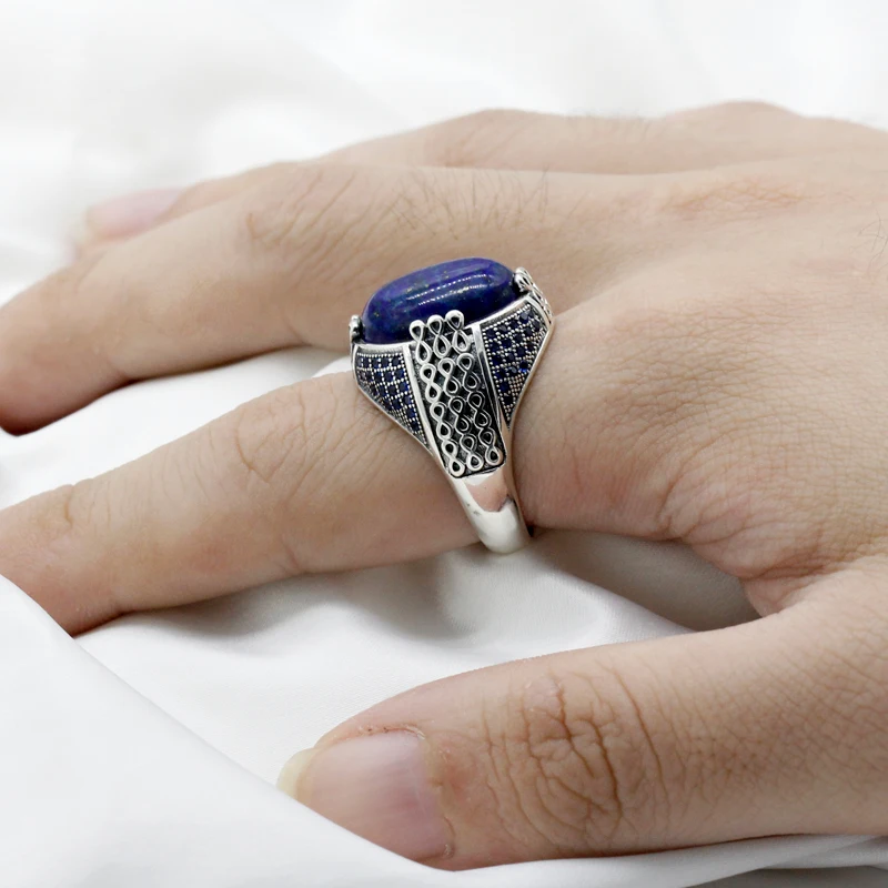 Lapis Lazuli Stone for Men 925 Sterling Silver Blue Stone Vintage Stripe Ring Turkish Thai Silver Jewelry for Male Women Gift
