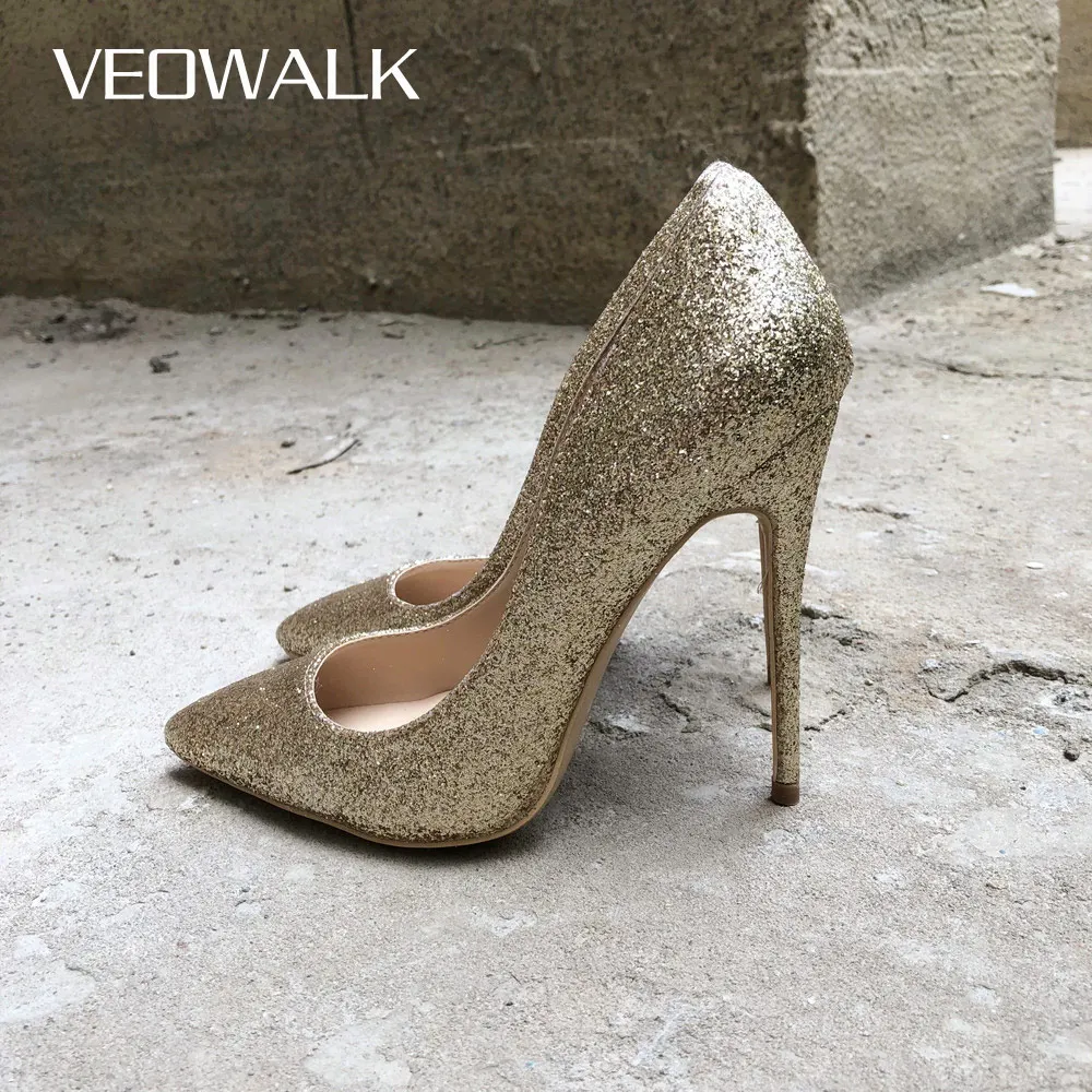 

Veowalk Women Shinny Gold Pointed Toe High Heel Shoes Sexy Sparkly Laidies Slip on Stiletto Party Wedding Bridal Pumps 12 10 8cm