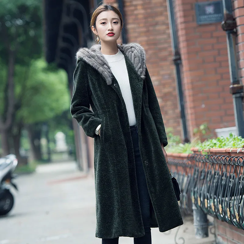 Long Real Fur Coat Women Winter Jacket Mink Fur Collar Hooded Korean Green Coats and Jackets Women Manteau Femme F18185 KJ5181