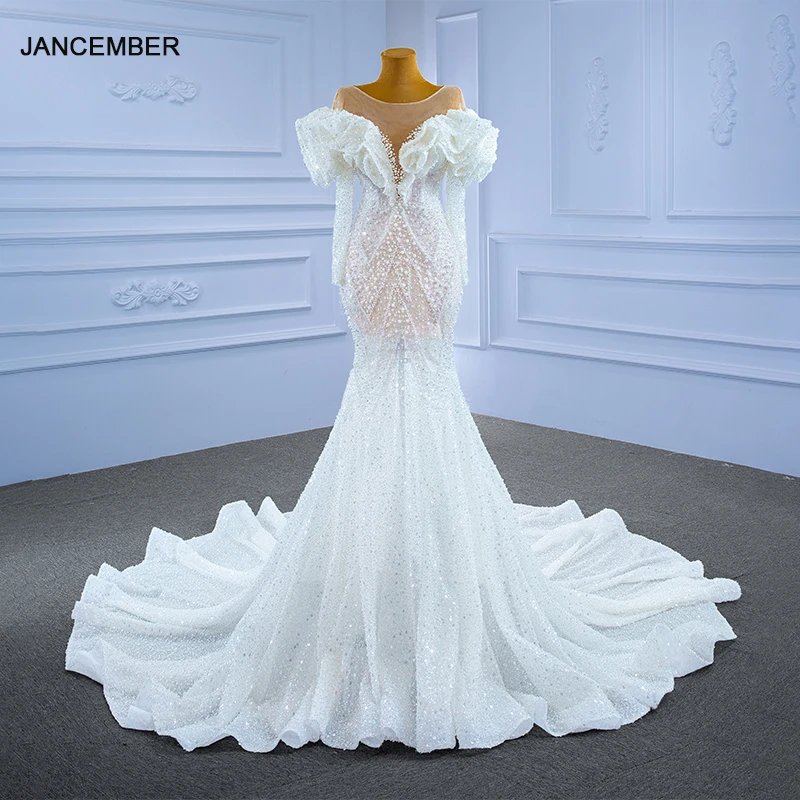 

J67280 JANCEMBER White Sexy V-neck Wedding Dress Transparent Lace Puff Sleeve Frill Pearl Beaded Gown Robe De Soirée De Mariage