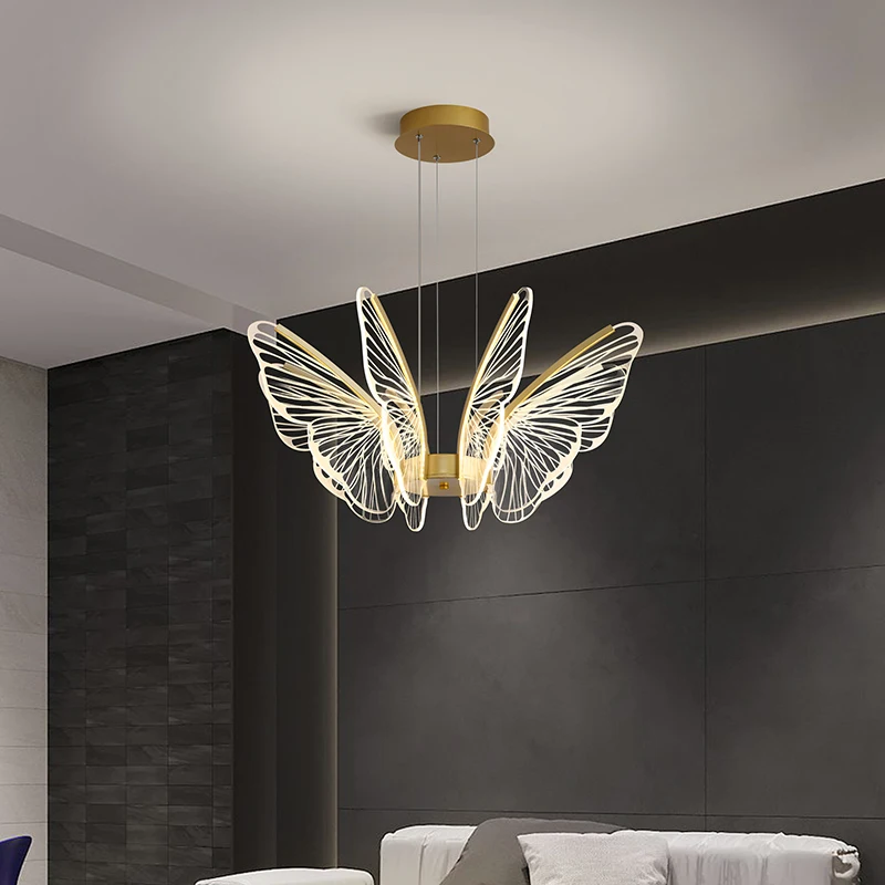 Modern Butterfly Living Room LED Pendant Lamp Nordic Simple Bedroom Kitchen Creative Golden Transparent Acrylic Wing Chandelier