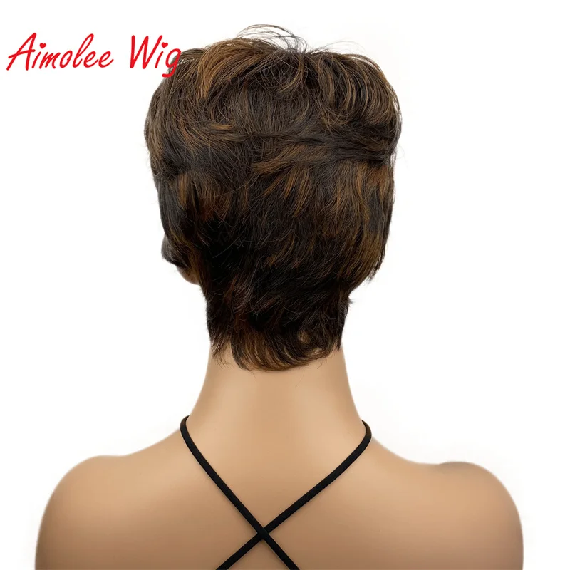 Aimolee Women's Synthetic Capless Wig Dark Brown/Med.Auburn Mix Pixie Cut Short Layered Haircut Hair Natural Wigs