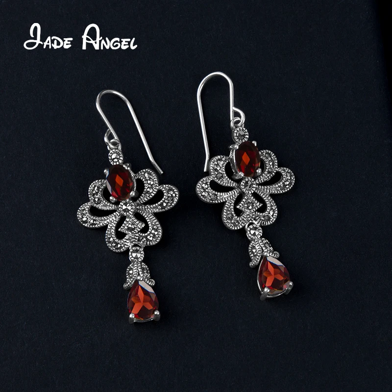 JADE ANGEL 925 Sterling Silver Earrings Red Water Drop Garnet Vintage Jewelry with Silver Flower Mosaic Earrings For Women