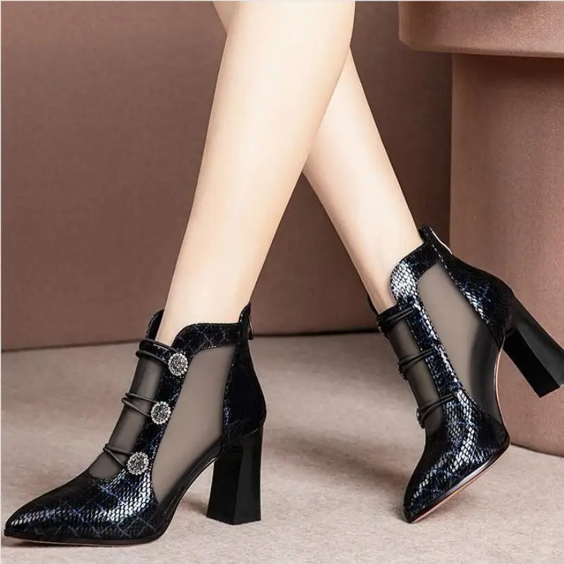 Spring Sexy Mesh Sandals Boots Women Pointed toes High Heeled Summer Heels Square heel Shoes Woman Hollow out Female Blue Grey