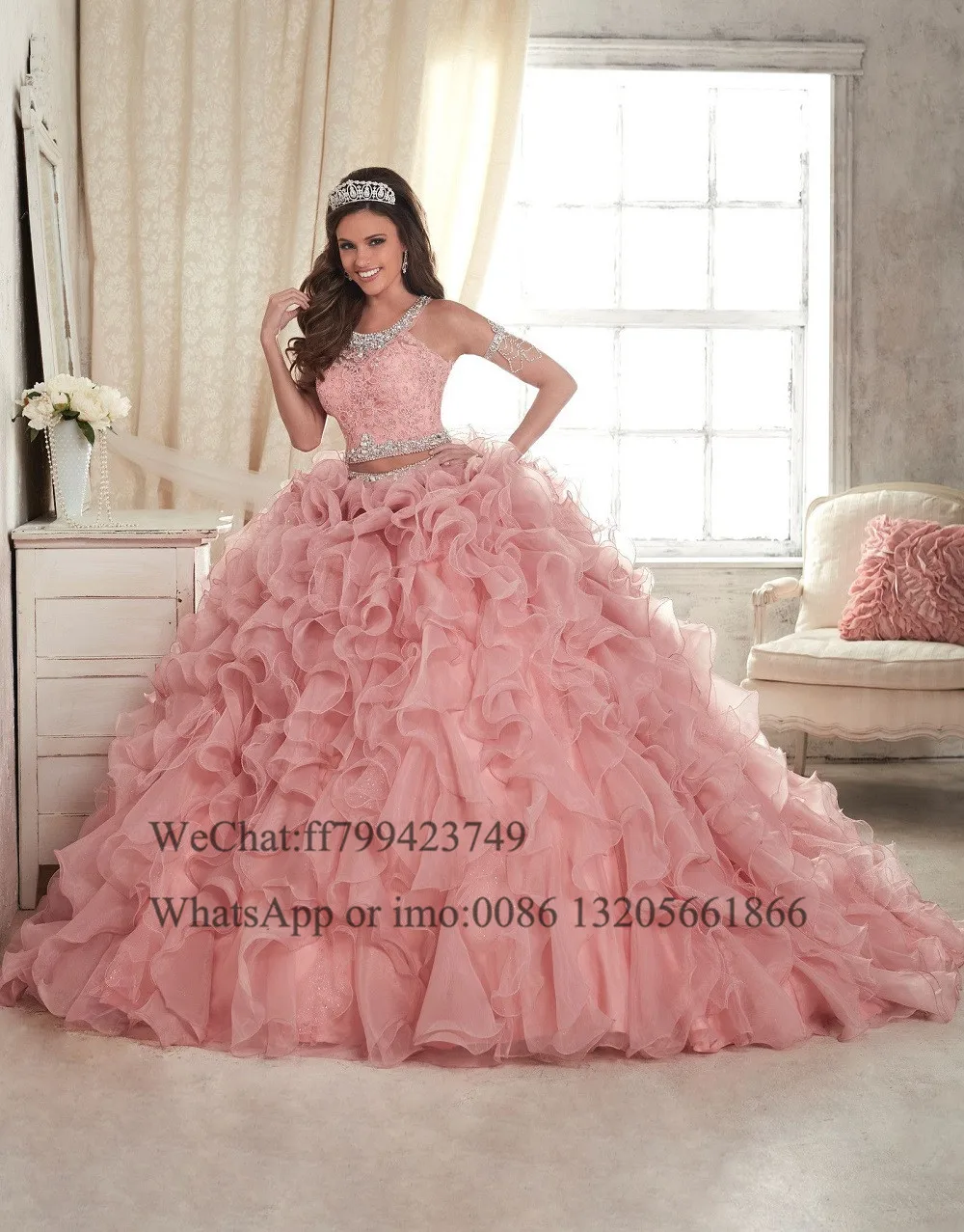 Vestido de quinceañera Rosa polvoriento de dos piezas, Top de encaje con cuello redondo de cristal y falda de tul, vestido dulce 16, vestido de baile de desfile