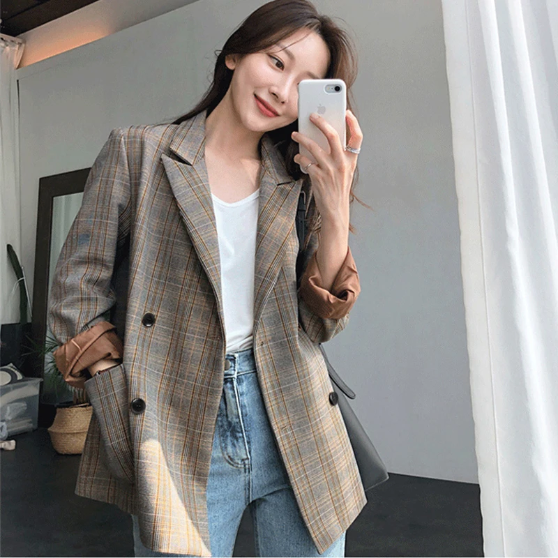 Vintage Notch-collar Double Breasted Plaid Blazer Women Full Sleeve Loose Female Grid Suit Coat Autumn Women Jacket  2019