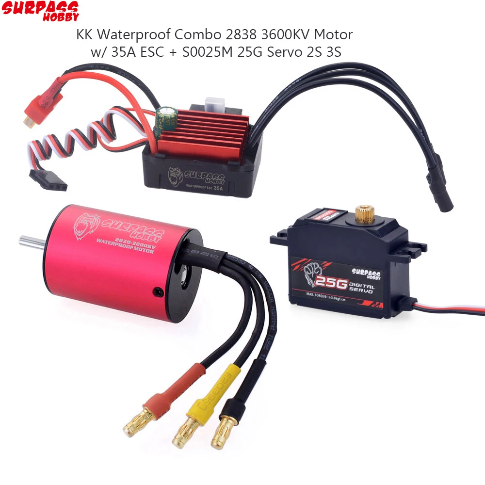 SURPASS HOBBY KK Waterproof Combo 2838 3600KV Brushless Motor w/ 35A ESC + S0025M 25G Servo 2S 3S for 1/14 1/16 RC Off-road Car