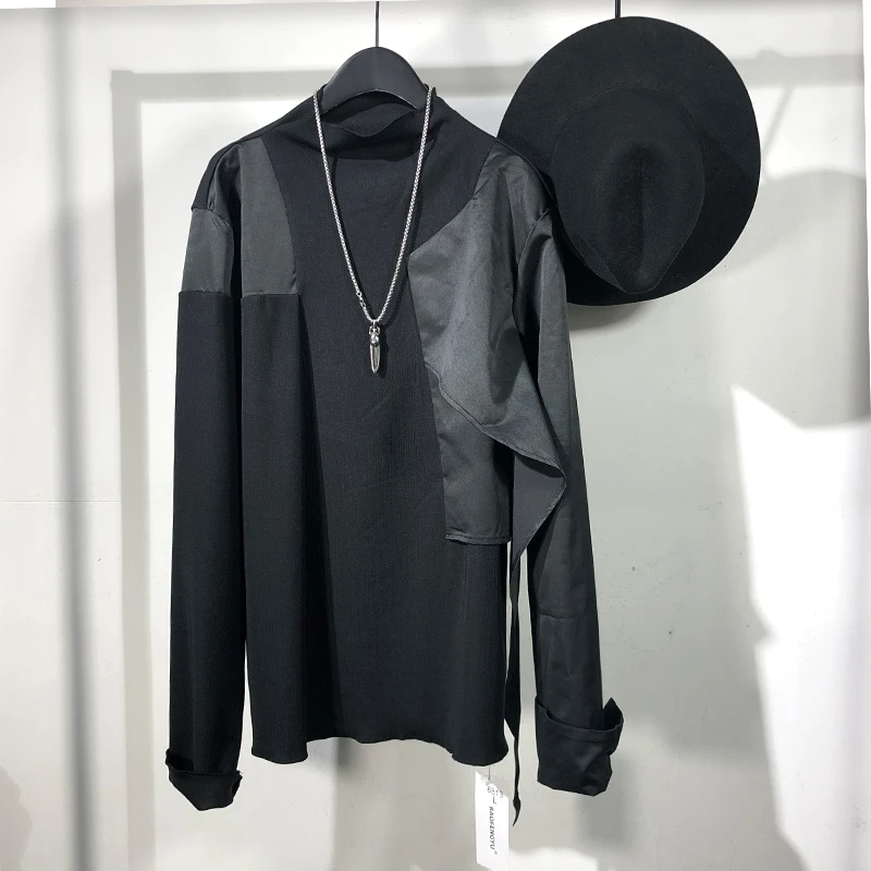

Men's Long Sleeve T-Shirt Spring And Autumn New Dark Stand Collar Irregular Asymmetrical Japanese Personality Slim Splice Design