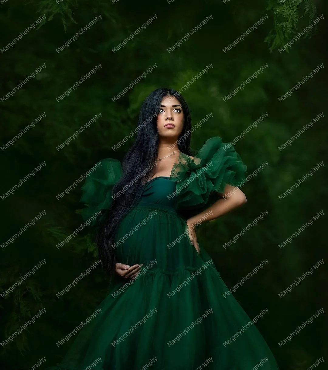 Elegant Dark Green Maternity Dresses Puffy Ball Gown Long Bridal Pregnancy Gowns Short Sleeves Pleated Ruffles Photo Shoot Outfi