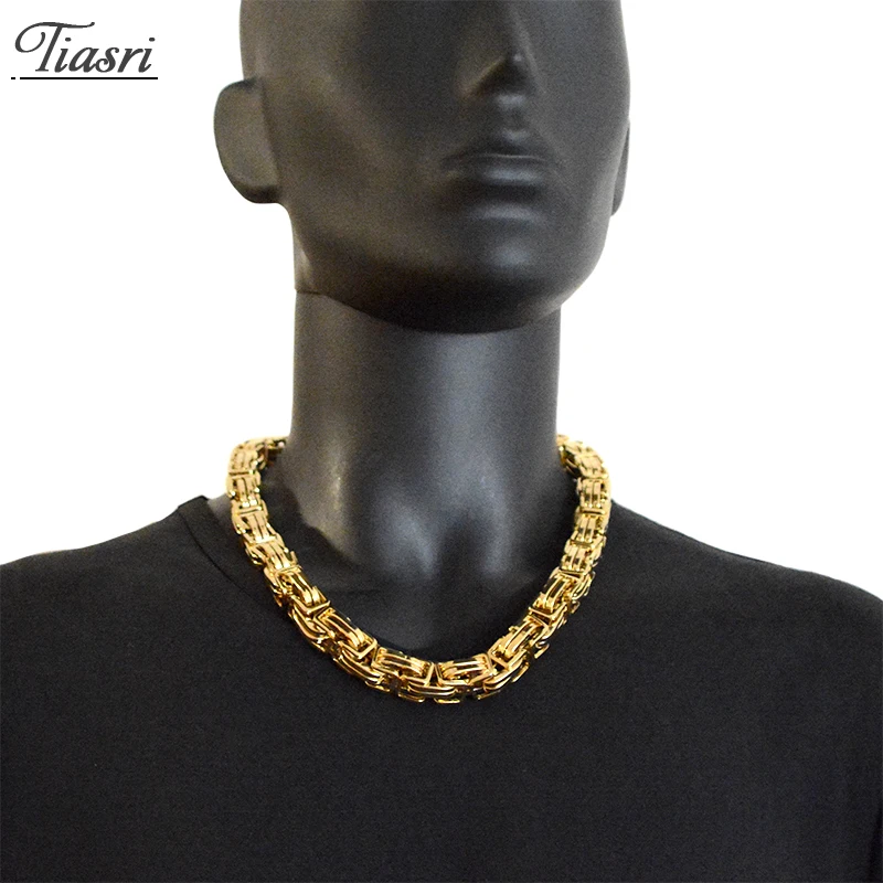 Tiasri 15MM Gold Color Heavy Byzantine Box Chain for Men High Quality Stainless Steel Necklace Choker Link Gift Jewelry Hot Sale