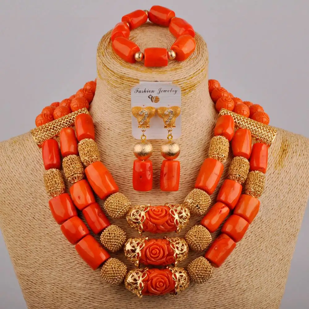 Gorgeous African Jewelry Set New Designs 3 Layers Orange Nigerian Coral Beads Jewellery Set 2021 Bridal Wedding Coral Set