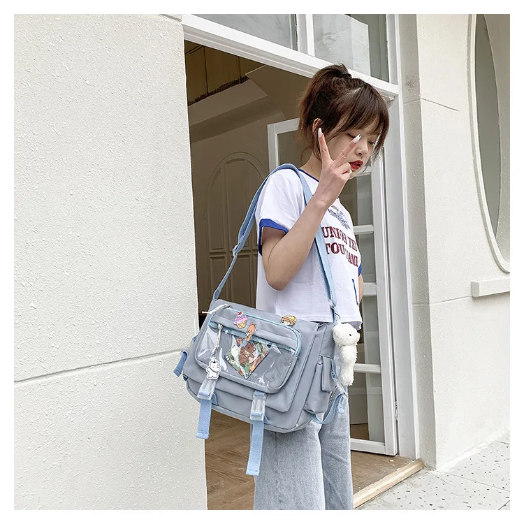 New Style Ladies Transparent Pocket Messenger Bag Girls Cartoon Badge Cute Ita Bag Crossbody Bag Student Kawaii Shoulder Bag