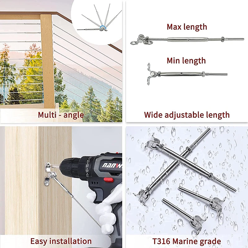 Imagem -03 - Cabo Trilhos Kit 16 Swage Toggle Turnbuckle Ângulo de Ferragem 180 ° Ajustável T316 Aço Inoxidável para Pós Madeira Peças