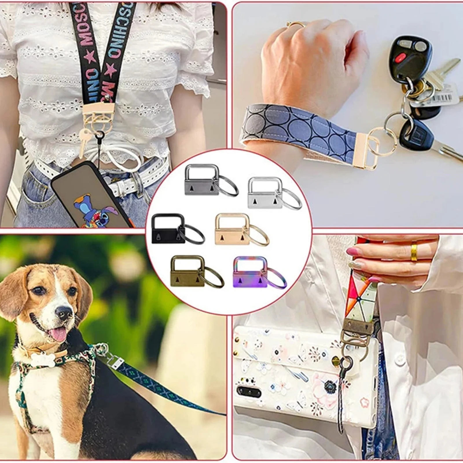 10pcs/set Wristlets Keychain Long Tail Clip Split Ring Buckle Key Fob Chain Webbing Ribbon Iron 26*23mm Belt Purse Bag Pet Leash