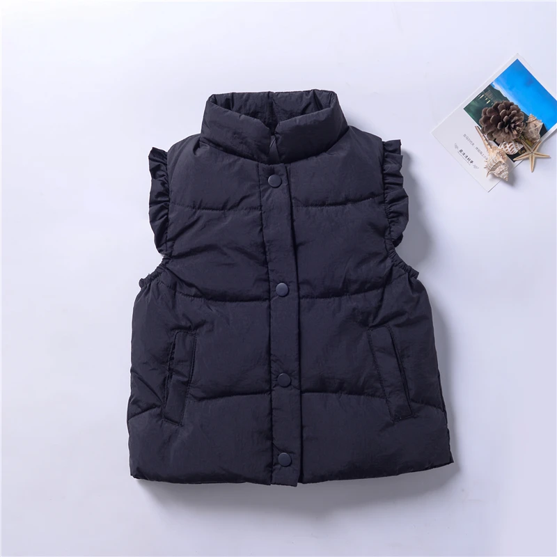 Winter Baby and Girls Ruffled Sleeves Single-Breasted Puffer Vest Jackets School Kids Down Waistcoat Child Outfit Tops 2-10 Yr