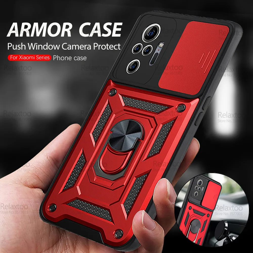 For Xiaomi Redmi Note 10 Pro Case Push Camera Protect Armor Redme Redmy Not 10s 8 9 T 8T 9T 9A 9C Car Magnetic Ring Cover Fundas