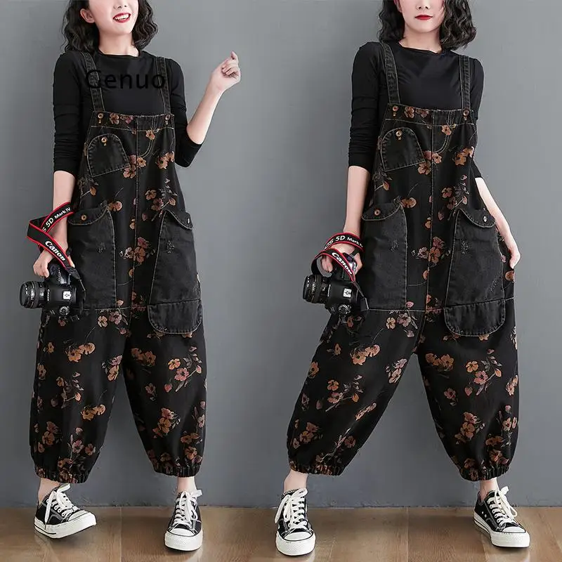 

Loose Jeans Black Jumpsuit Women Casual Oversized Baggy Ladies Pants Big Pockets Print Floral Denim Overalls Straps Jean Rompers