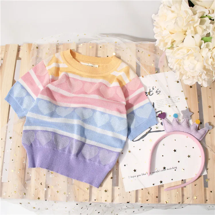 

Tonytaobaby Girls Wear Spring Summer Sweater Short-sleeved Sweater Striped Sweater Baby Girl Sweaters