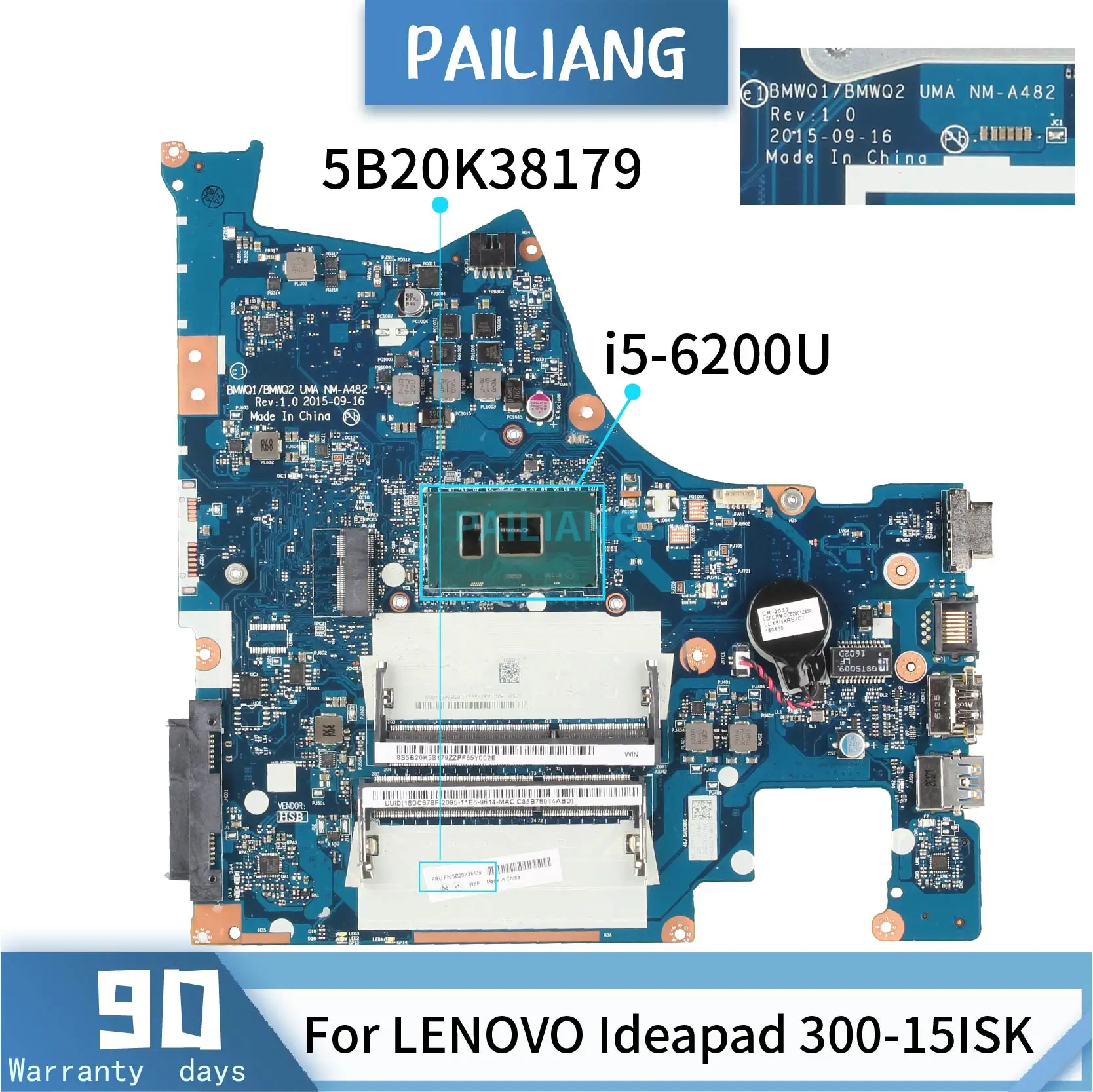 NM-A482 For LENOVO Ideapad 300-15ISK Laptop Motherboard I5-6200U BMWQ1/BMWQ2 UMA NM-A482 5B20K38179 DDR3 Notebook Mainboard Test