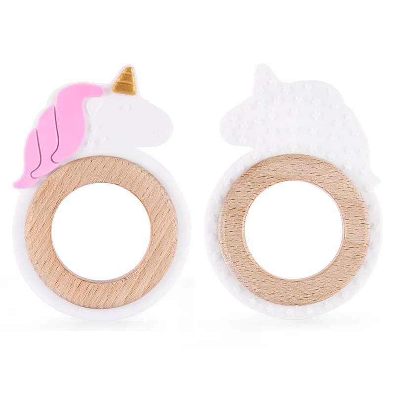 Chenkai 5PCS Unicorn Silicone Wooden Teether Pendant BPA Free For DIY Baby Infant Smoothing Sensory Pacifier Toy Accessories