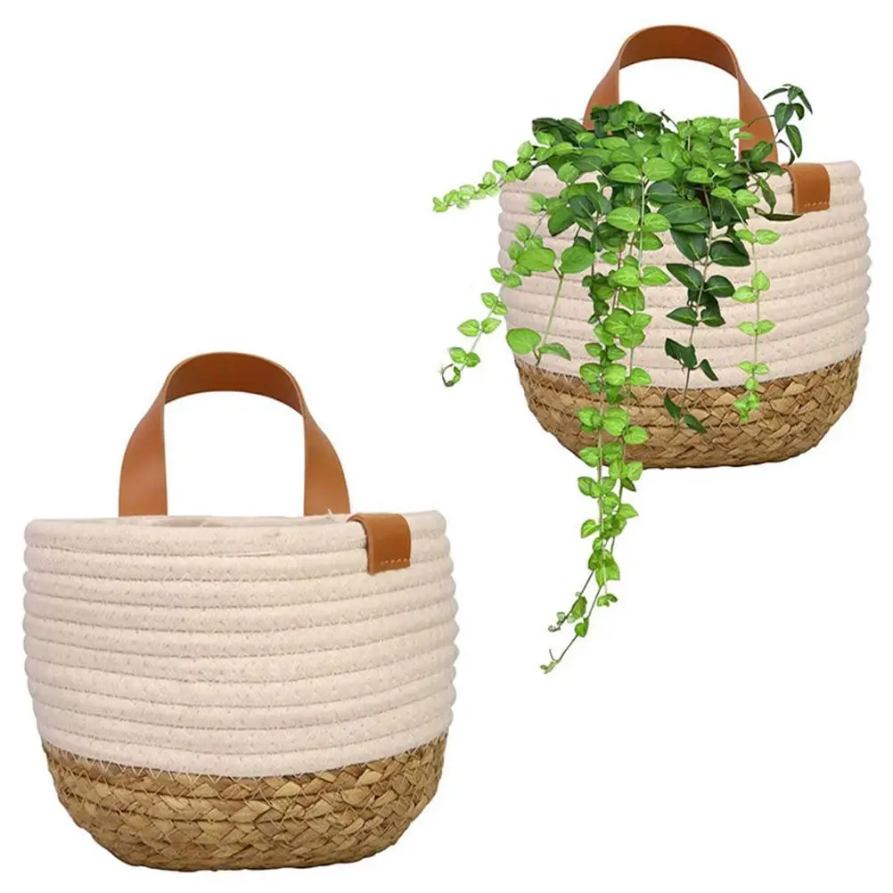

Hanging Flower Pots Plant Fiber Hanging Plant Baskets Storage Basket with Leather Straps for Hanging Plants Toy Storage