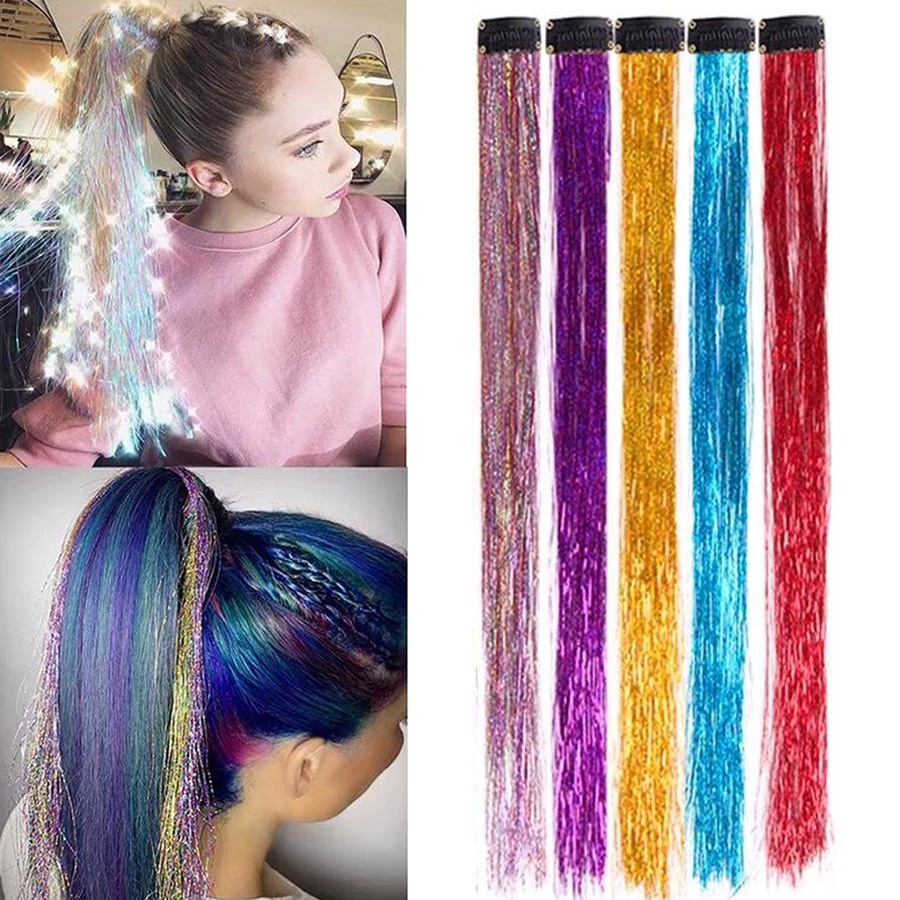 Clip-In One Piece Synthetic Hair Extensions Sparkle Shiny Fake Hair Women Hippie for Braiding Headdress Tinsel Rainbow Dazzles