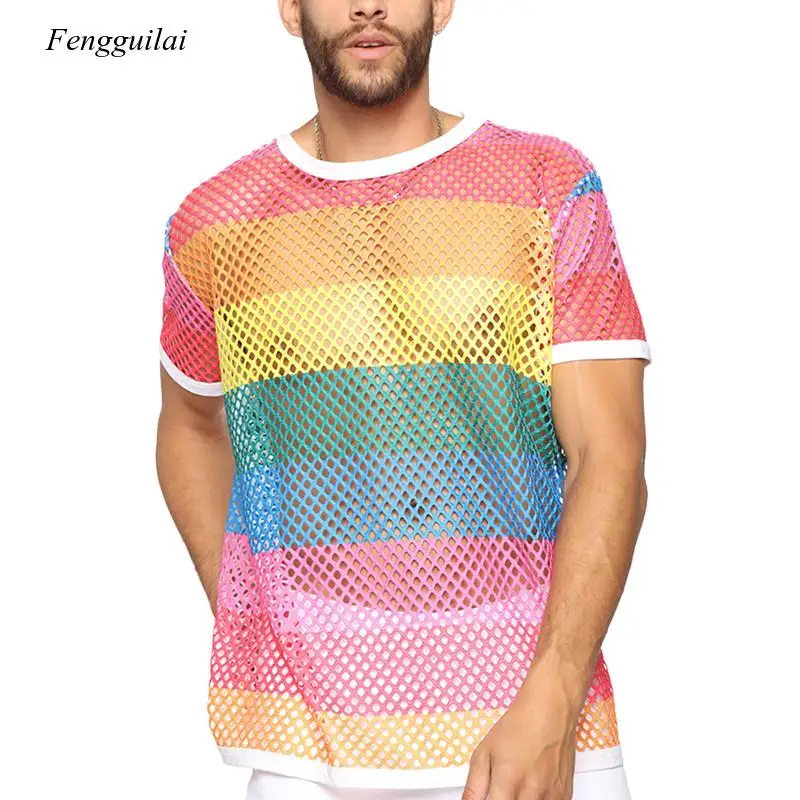 Men's Rainbow Mesh See Through Fishnet t Shirt 2021 Sexy Short Sleeve Transparent Tshirt Homme Hip Hop Street Wear Camisetas