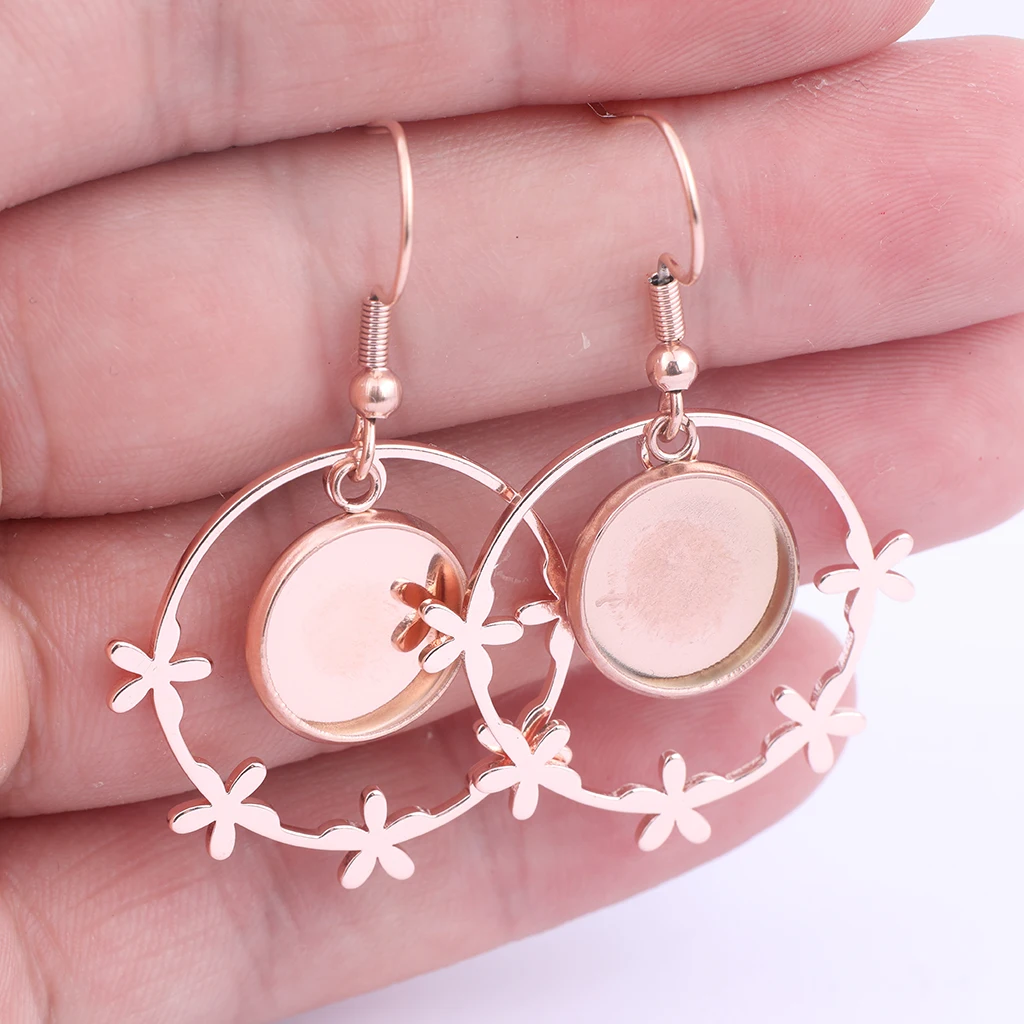 6szt Rose Gold 12mm Cabochon Earring Base Blanks Stainless Steel Ear Hooks Findings Diy Flower Hoop Charms For Jewelry Making