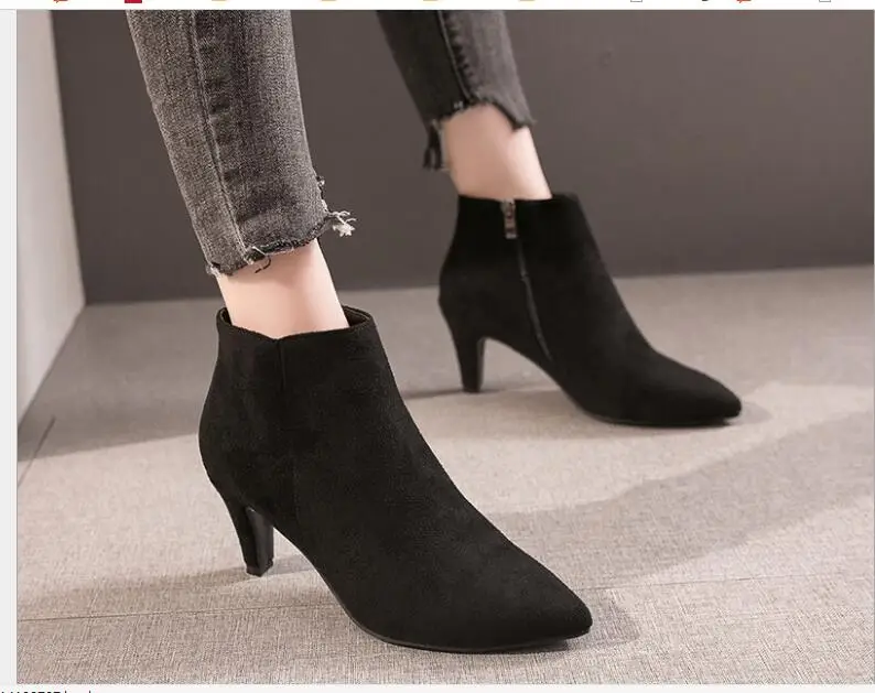 

Classic Women Suedes Ankle Boot Mid Stiletto Heel Side Zip Pointed Toe Party Work Outdoor Shoe Fine Heel Aitumn Winter Large siz