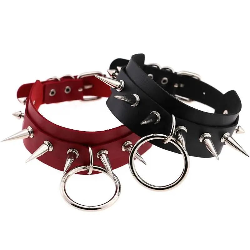 Sexy Gothic Necklace Silver Rivet Metal Big O-Round Punk Leather Choker Necklace Party Hip Hop Rock Spike Rivet Choker Jewelry