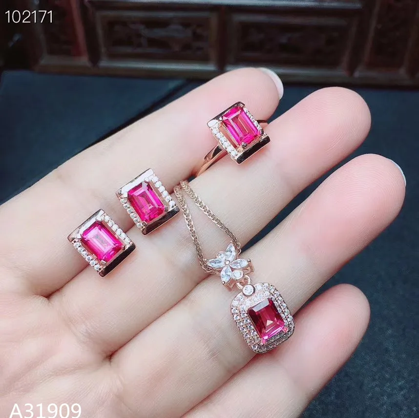 

KJJEAXCMY Fine Jewelry 925 Sterling Silver Inlaid Natural Pink Topaz Gemstone Female Earrings Ring Pendant Set Support Detection