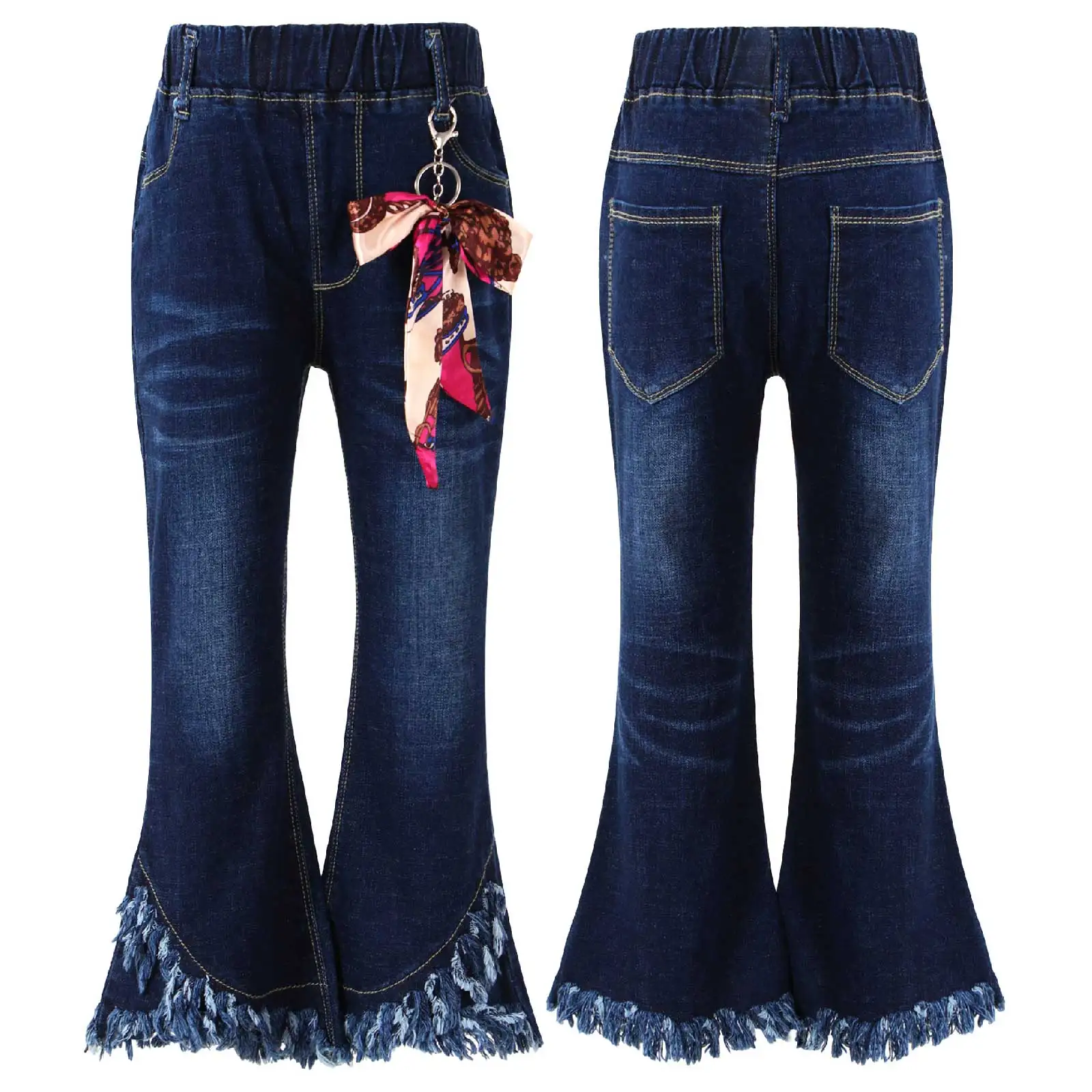 

Kids Girls School Wide Leg Pants 2024 Fashion Casual Denim Long Pants Elastic Waistband Bowknot Tassel Hem Bell-bottom Trousers